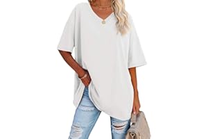 Ebifin T-shirt surdimensionné pour femme avec col en V, manches courtes, décontracté, basique, pour l'été