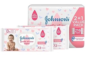 Johnson's Baby Wipes - Gentle All Over, 216 Total Count, Soft and Soothing Wipes for Delicate Skin, Fragrance-Free and Alcohol-Free, Dermatologically Tested, Suitable for Newborns and Toddlers