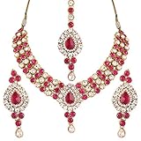 I Jewels Traditional Gold Plated Jewellery Set with Maang Tikka Using Austrian Diamonds for Women IJ250Q (Rani/Dark Pink)