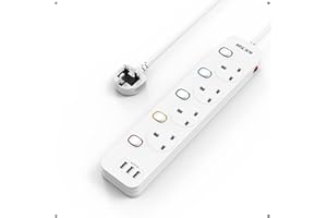 Mscien Extension Lead 1M with USB Slots 4 Way Wall Mounted, 1M Extension Lead Switched with Multiple Protection, Fused Power Strip 4 Sockets White, 13A/3250W