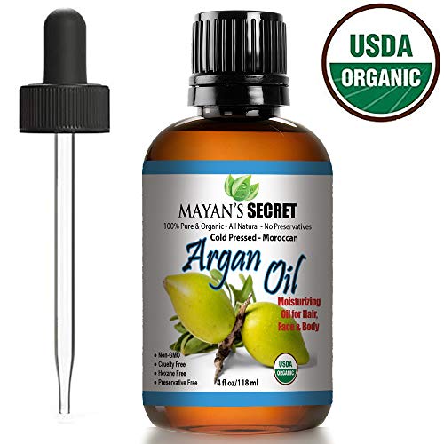 USDA Certified Organic Argan Oil For Hair, Skin, Face, Nails, Beard & Cuticles - Best 100% Pure Moroccan Anti-Aging, Anti-Wrinkle Beauty Secret, Cold Pressed Moisturizer 4oz