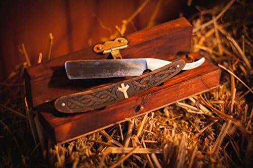 Straight razor Viking Celtic Nordic carving with Algiz protection rune in wooden box with Free Shipping men's gift