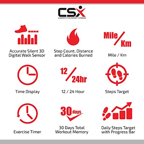 CSX P375 3D Tri-Axis Schrittzähler mit digitaler Anzeige, Clip und Gurt, einschließlich Ebook, genauer Kalorienzähler, 30 Tage Speicher, Entfernung Meilen/km, täglicher Aktivitätstracker, Aktivitätszeit - 6
