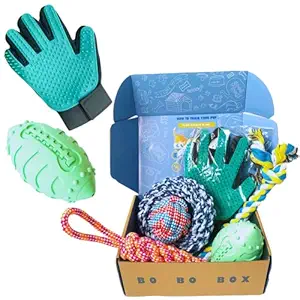 UC Evolution BoBo Box Dog Toys | Set of 6| Gift Box for Junior and Adult Dogs Plush Squeak Toys & Durable Squeaky Toys for Chew Teething Chew Toys Interactive Toys Durable Rubber and Rope Toys Grooming Glove Rugby Ball