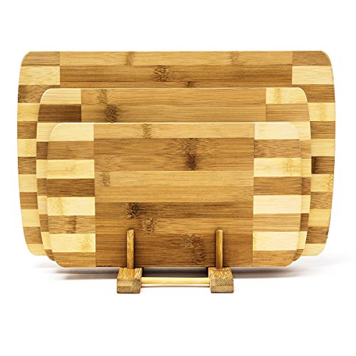 Relaxdays Schneidebretter Set 3 Größen mit Halter Küchenbretter aus Bambus gestreift Brettchen fürs Frühstück in modernem Design im praktischen Brettchenständer pflegeleicht und messerschonend, natur - 4