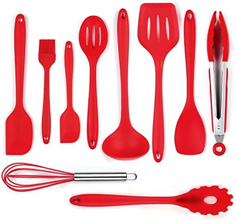 Silicone Kitchen Utensils Set (10 Piece), Heat Resistant Baking Cooking Utensils-Tongs, Whisk, Brush, Spatula, Slotted Spoon,Noodle Spoon, Rice Paddle, Slotted Spatulla, Soup Spoon Red