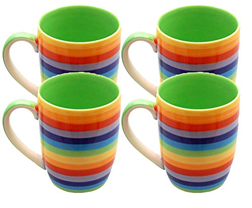 Windhorse - Juego de 4 tazas de cerámica con diseño de rayas arcoíris (10 cm, 250 ml)