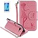 Produktbild ISENPENK Samsung Galaxy J5(2015)/J500F/J5 Duos Flip Case,Original Flip Bookstyle Cover Wasserdicht Shockproof Anti Slip Protection Multifunktions Leather Case Wallet Hülle,Mädchen Vögel und Katze Print Muster Pattern Wallet Case mit Intern Karte Schlitz,Anti-Sturz Stoßfest Stoßdämpfend Triangle Hemming Wallet Tasche,Magnetic Closure Schutzhülle mit Standfunktion Handy Gürtel für Samsung Galaxy J5(2015)/J500F 5.0Zoll-[rosa]+Panzerglas/Schutzfolie/Displayschutzfolie