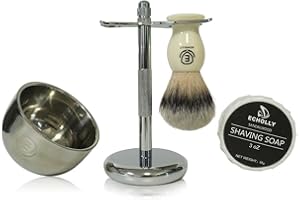 ECHOLLY Premium Shaving Brush Kit-4 in 1 Shaving Brush Set for Men Includes Shaving Brush,Shaving Cream Soap,Stainless Steel Bowl and Safety Shaving Stand for Mens Shaving Gift Set (Ivory White)