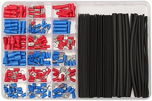 GAIQI 200pcs Spade Ring Terminals Connectors Assorted Set + 60pcs 2:1 Black Heat Shrink Tube Assorted Box Kit