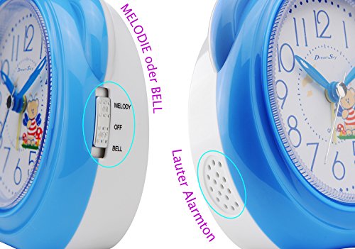 DreamSky Kinderwecker Musik Wecker Analoge Quarzwecker mit 8 Melodien, Schlummerfunktion, Nachtlicht, lauter Alarm, kein Ticken, geräuschlos, Batteriebetrieben(Blau) - 4