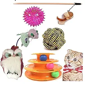 SR VISION 6 in 1 Cat Toys Kitten Toys Premium Combo - Cat Tumbler|Tower of Track|Cat Stick|Sisal Ball|Plush Mouse Toy|LED Ball Toy (Combo of 6)