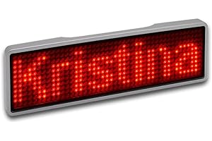 ‎SERTRONICS Sertronics LED programmierbar Namensschild mit digitalem Bewegungsschild, USB wiederaufladbar LED Name Tag, LED Anzeigetafel mit 11x44 Pixel, digital Scrolling, Rahmen silber, LED rot