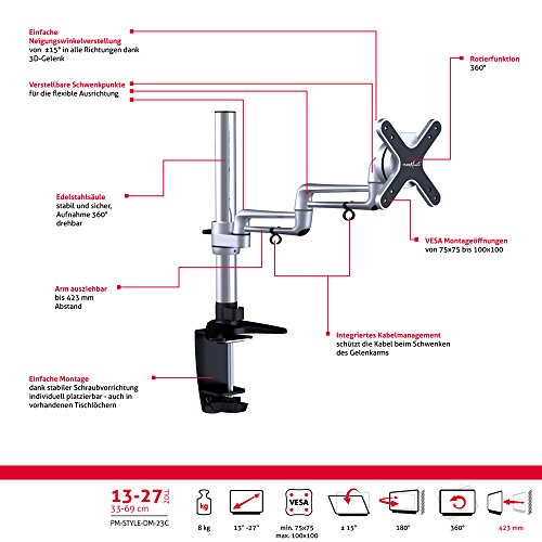 PureMounts PM-STYLE-DM-23C Schreibtisch Halterung für Monitore bis 71cm (28 Zoll), schwenkbar, neigbar, drehbar, VESA 100, Armlänge: 2x ca.16cm - 5