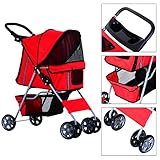 Cochecito Plegable Mascotas 75x45x97cm Perros Gatos Carrito Ruedas Giran 360º Rojo