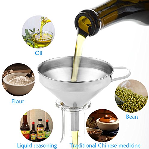 Edelstahl-Trichter, PEMOTech 3 Perfekte Größen von Großen bis zu Kleinen Trichtern, ausgerüstet mit Griff und zwei Stück Abnehmbares Sieb/Filter fürs Kochen, Essentielle Öle, Flaschenfüllung, Übertragen von Liquidem, Flüssigkeit, trockene Zutaten & Pulver, Weinherstellung, Silber. - 3