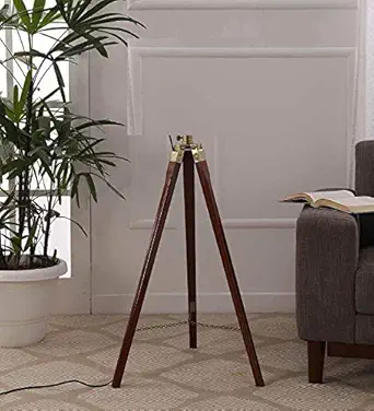 Tripod Floor LAMP Stand Natural Finish with Tapered Shade and Bulb.