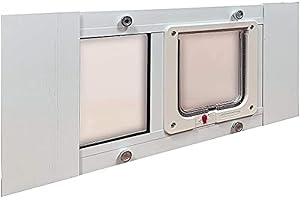 IDEAL PET PRODUCTS SINCE 1979 Ideal Pet Products Aluminum Sash Window Pet Door, Adjustable to Fit Window Widths from 23" to 28", Cat Flap 6-1/4” x 6-1/4” Flap Size
