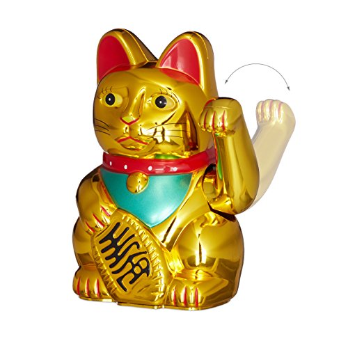 Relaxdays Maneki Neko Winkekatze, Glücksbringer, 16 cm, gold - 3