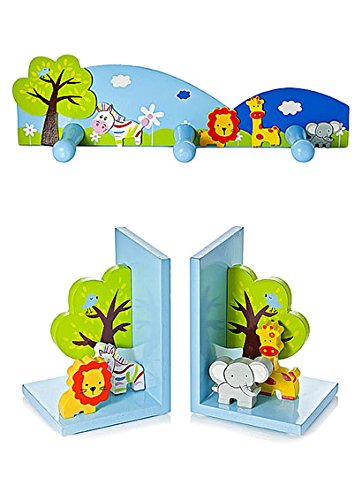 3D Safari Theme Wooden Bookends & Triple Coat Hooks Wall Hooks for Boys or Girls Nursery or Bedroom