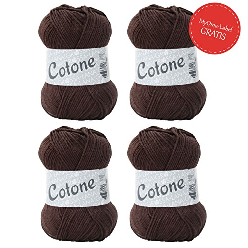 Lana Grossa Wolle Cotone – Wolle Cotone 50 g – 4x Cotone Lana Grossa aus 100% Baumwolle zum Stricken und Häkeln! – 4x Lana Grossa Garn Cotone Fb 029 (mokka, braun, dunkelbraun) + MyOma Label GRATIS