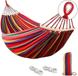 ONPRIX Brazilian Double Hammock 2 Person Canvas Cotton Hammock with Carrying Bag for Patio Porch Garden Backyard Lounging Outdoor/ Indoor Rainbow Stripe Hammock(Color Red)