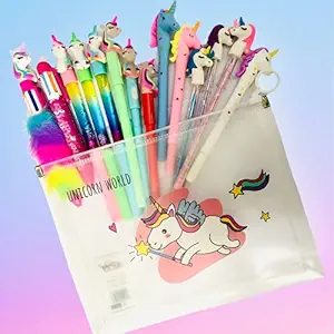 Urban Festivities 11x Unicorn Pen & 3 x Unicorn pencil 1 x unicorn pencil box pouch | unicorn stationary | Unicorn Combo Set for Girls Kids (Design & Colors As Per Stock