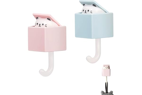SJDOFU Cat Key Hook, 2 stycken kattnyckelhållare rosa blå | Nyckelhållare plast trådkrokar självhäftande väggkrokar nyckelkrokar djur vattentäta krokar
