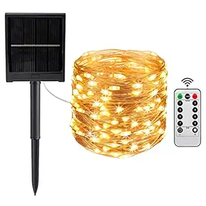 Epyz Solar String Lights with Remote Control, 12M 100 LEDs Fairy Lights Powered by Solar and Battery, IP67 Waterproof 8 Modes, with 2V/1000mAh Battery Solar Garden Light (100 LED, Warm Yellow)