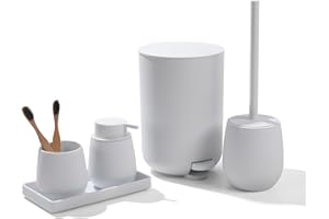 AJEUNGAIN Juego de Baño Accesorios Completo, 5 Piezas Set de Baño Moderno - Dispensador de Jabón, Soporte Cepillo de Dientes, Cubos de Basura para Baño, Escobillero, Bandeja para Organizar (Blanco)