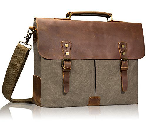 Estarer Vintage Leder Canvas Umhängetasche Laptop Tasche 15,6 Zoll Schultertasche Armee Grün