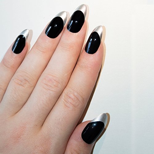 Bling Art Stilett Falsche Nägel Acryl Schwarz Silber Medium Tipps UK - 9
