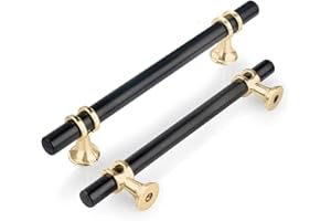 GUWINA Lot de 6 Poignées Porte en T d'Armoire 128mm，Moderne Poignee de Meuble Cuisine Alliage de Zinc Pour Chambre Bureaux Tiroir Inclus Vis Noir Avec Base Dorée