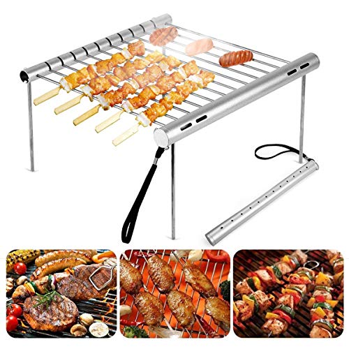 Preisvergleich Produktbild BOFEISI Portable Edelstahl BBQ Grill, Wärmeschrumpfende Minitasche Barbecue Grill Antihaft-Flache breite Kabob Spieße für Outdoor-Cooking Camping Wandern 27x30cm Picknicks