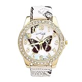 JSDDE Uhren,Oktoberfest Retro Damen Strass Armbanduhr Schmetterling Muster Elegant Analog Quarz Uhr, Weiss
