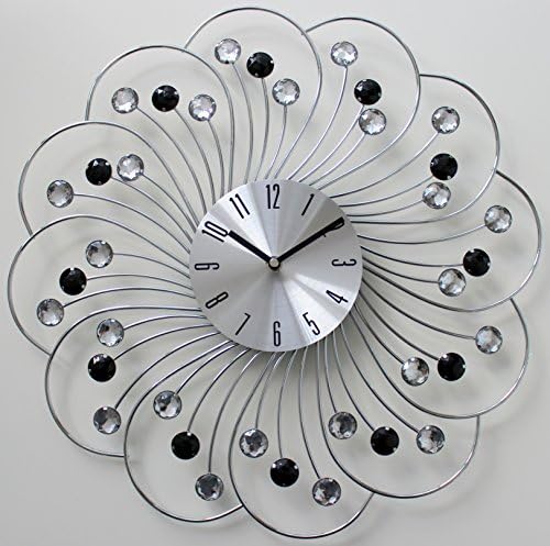 45cm Clear Black Diamante Beaded Jeweled Spiral Silver Metal Wall Clock 154