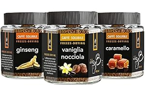 King Cup - 3 Vasetti Multigusto di Caffè Solubile, 1 x Caramello, 1 x Ginseng, 1 x Vaniglia e Nocciola, Caffè Aromatizzato Istantaneo, Ideale per Colazioni, Brunch, Iced Coffee, Senza Glutine, Vegano