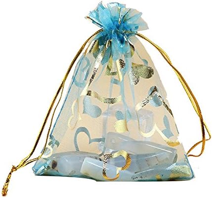 JSbetter Organza Bags,100pcs Heart Colorful Candy Drawstring Organza Jewelry Pouches Party Wedding Favor Gift Bags,Light Blue