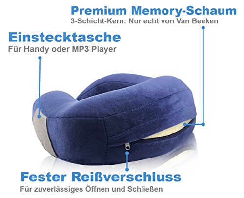 Reise-Nackenkissen Nackenhörnchen – aus weichem, bequemen Memory-Schaum-Stoff – flauschiges Nackenstützkissen zum Reisen mit GRATIS Schlafbrille, Ohrenstöpsel und Tragetasche | VAN BEEKEN Reisekissen - 3
