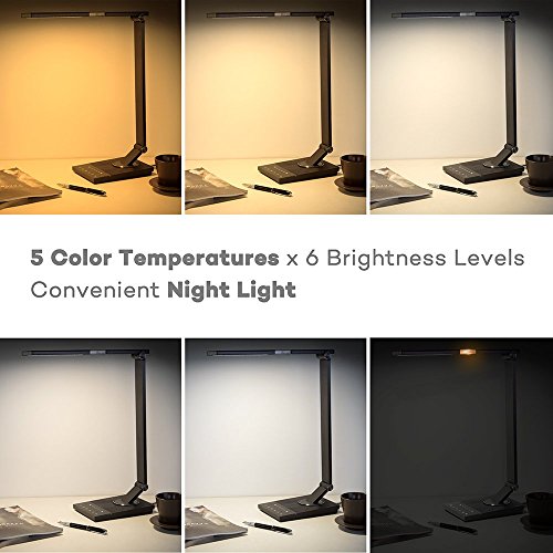 TaoTronics 100% Metall Schreibtischlampe LED Tageslichtlampe 12W Touch-Control 5 Farbetemperaturen und 6 Helligkeiten mit USB-Anschluss 5V 2A zum Aufladen von Smartphones und Tablets, Eisen-Grau - 2