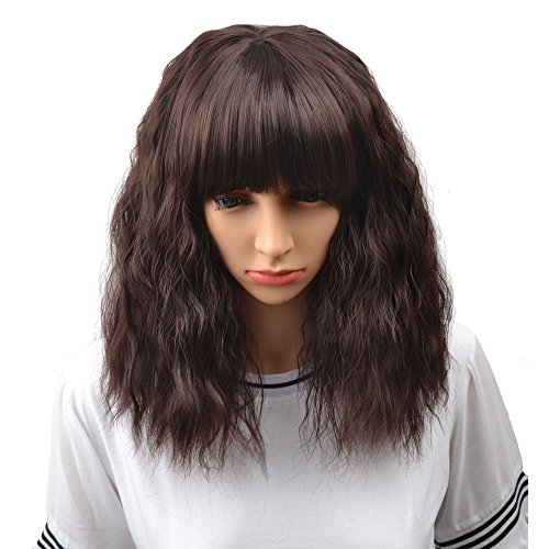 BERON® 14" Women's Short Curly Bobo Wig with Free Wig Cap (Dark Brown)