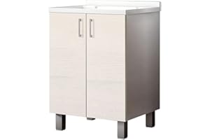 MaMa Store ATENALAV Mobile Lavatoio-Lavapanni Metacrilato con Asse in Legno e gocciolatoio in Alluminio, L.60 x P.50 X H. 86 cm, Bianco Opaco/Olmo Bianco