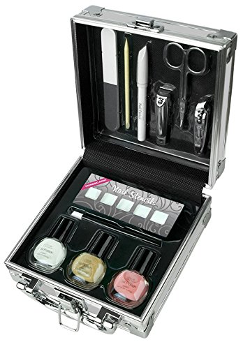 JUST TO GO FRENCH NAILS! 12 PIECES MANICURE SILVER CASE SET! FRENCH MANICURE & ACCESSORIES SET! PERFECT GIFT! NAIL CARE!