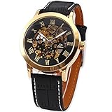 Herren Automatische mechanische schwarz Leder schwarz Zifferblatt Skelett Analog Armbanduhr PMW078