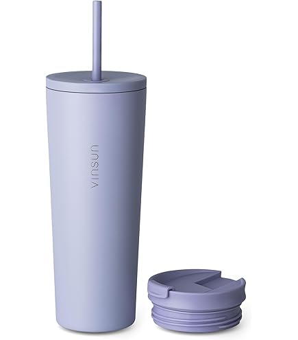 QINONEY Roestvrijstalen reisbeker met rietje en deksel, 750 ml/25 oz reisbeker, dubbelwandige vacuüm geïsoleerde beker voor ijskoud of warm drinken, herbruikbare koffiebeker (lichtblauw
