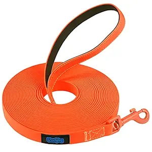 Vivifying Waterproof Dog Leash, 32FT Dog Training Leash Durable PVC Coated Webbing Long Leash with Soft Handle for Camping, Backyard Playing, Beach and Lake(Orange)