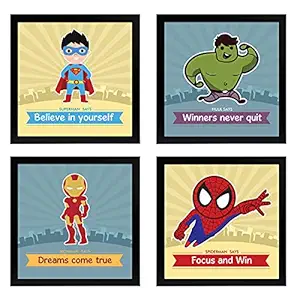 Chaka Chaundh - Kids Quotes Wall Frames for Bedroom - spider man Inspirational Kids Quotes Frames - iron man Kids Room Decor Quotes - Motivational Quotes for Kids Room - cartoon posters - (9 X9 Inches) - Set of 4