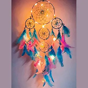 Rooh Dream Catcher ~ Pastel 4 Tier with Pretty Lights ~ Handmade Hangings for Positivity ( Can be Used as Home Decor, Gift, Wall Hangings, Meditation Room, Yoga Temple, Wind Chime & Car Hanging ) (Pastel 4 Tier Lights)