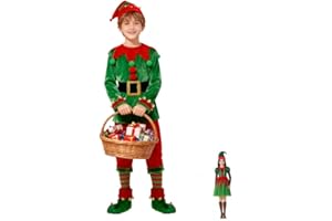 PILUZEAT Elfen Kostüm für Kinder Junge Mädchen Weihnachten Elf Wichtel Grün Weihnachtskostüm Maskerade Neujahr Cosplay Mottoparty Karneval 110-160 CM