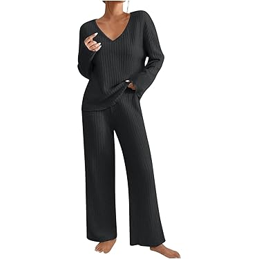 Rapbin Damen Schlafanzug Set - Langarm Pyjama Mit Taschen Gemustert